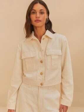 FARM Rio Off-White Twill Laser Cropped Jacket Long Sleeves Women's Size XL